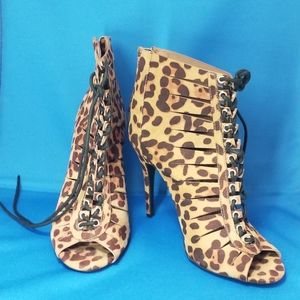 Anne Michelle Leopard Print Lace Up Heels